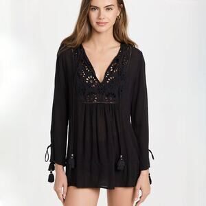 Playa Lucila Eyelet Tunic Cover-Up Dress - Black - Size S